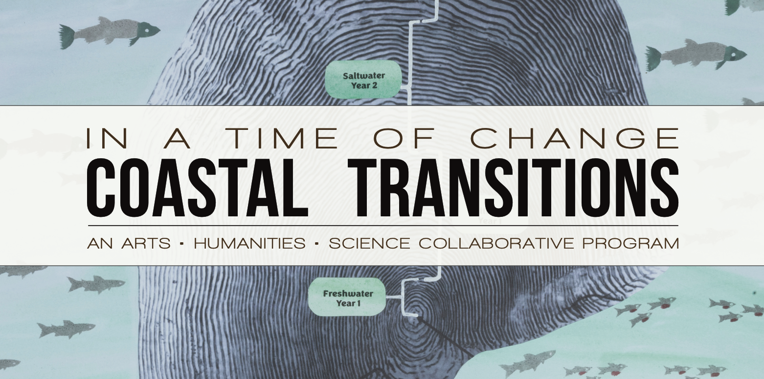 A call for artists flyer shows an illustration of a fingerprint and salmon on a teal background. The words read: 