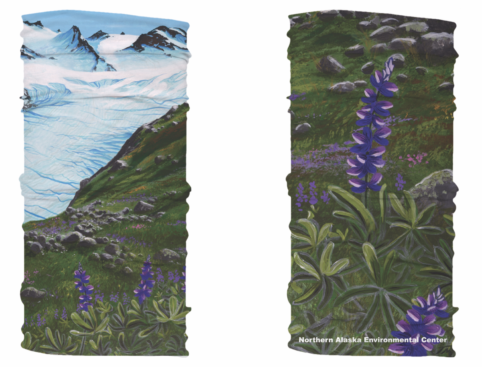 A screenshot showing the mock up of the Northern Center neck gaiter which features a glacial and wildflower landscape printing on the clothing.