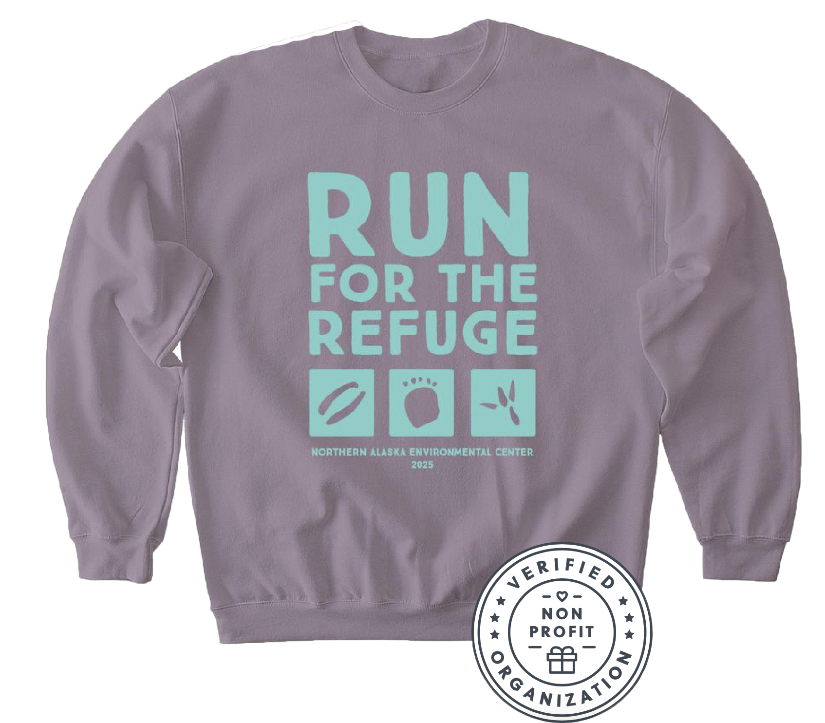 A deep lilac crewneck sweatshirt with teal Run for the Refuge logo