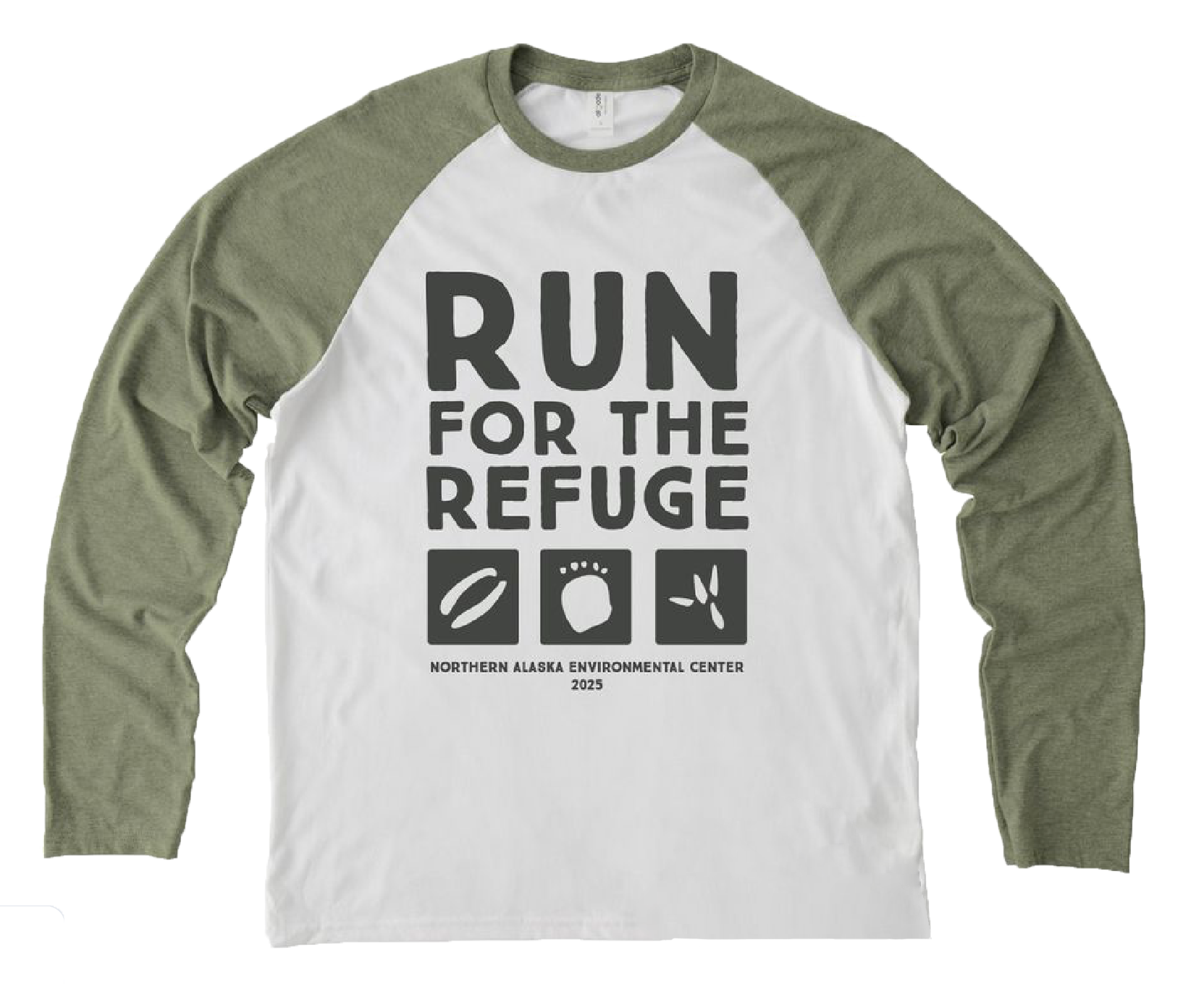 The Run for the Refuge baseball tee with olive sleeves 