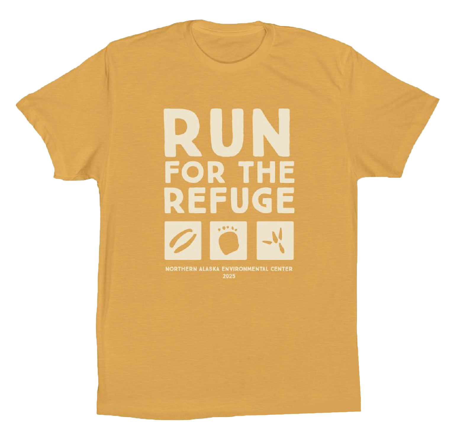 A screenshot of a mustard color t-shirt with Run for the Refuge logo.
