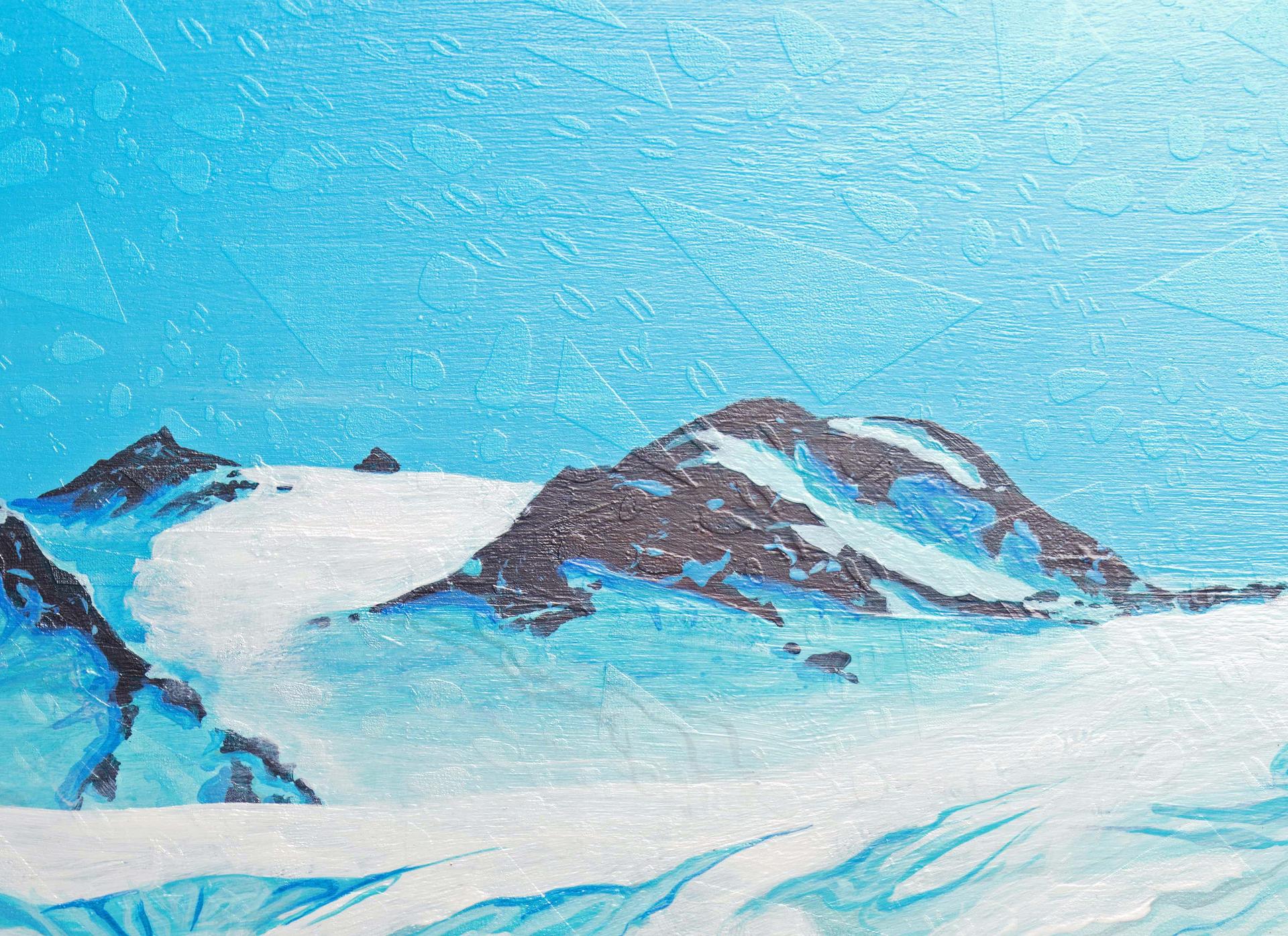 This is a detailed image of Tehya's painting. There is a mountain and partial glacier visible. A screen print of animal tracks cover the canvas beneath the painting and are slightly visible as a three dimensional detail. 
