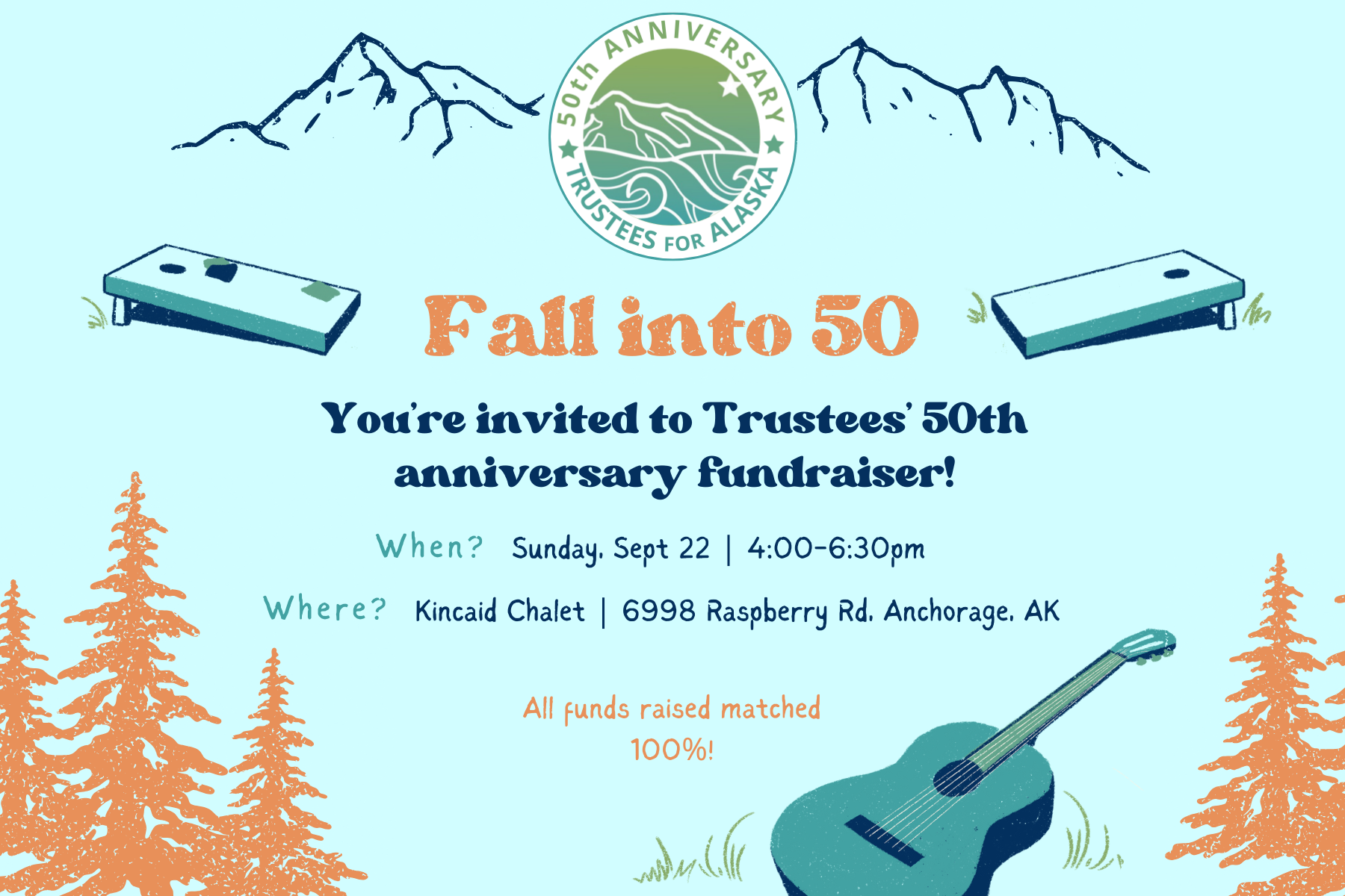 An infographic for the Trustees for Alaska fundraising event reads: Fall into 50. You're invited to Trustees' 50th anniversary fundraiser! When? Sunday, Sept. 22 from 4-6:30 p.m. Where? Kincaid Chalet at 6998 Raspberry Rd., Anchorage, AK. All funds raised matched 100%