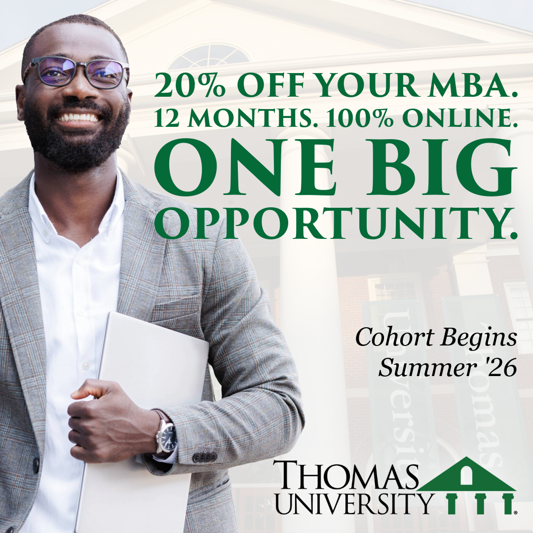 Image of gentleman in gray sport coat. Heading: 20% off your MBA. 12 months. 100% online. ONE BIG OPPORTUNITY. Cohort begins Summer '26. Thomas University Logo.