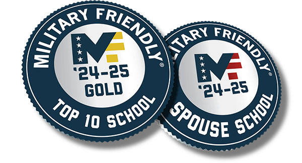 Badges for Military Friendly '24-'25 Gold Top Ten School and Spouse Friendly '24-'25 School