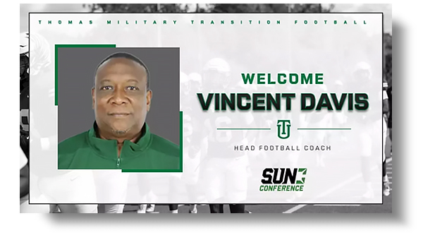 Welcome Vincent Davis, Head Football Coach. (Photo of Vincent Davis and Sun Conference logo)
