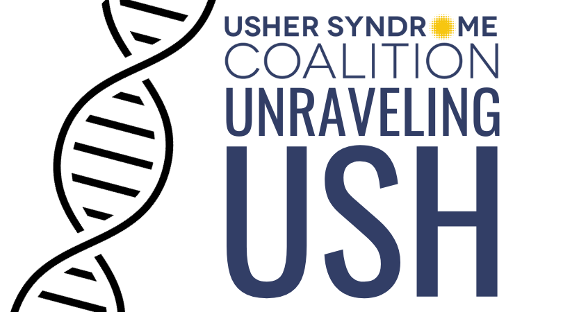 Usher Syndrome Coalition logo with drawing of a double helix and the text 