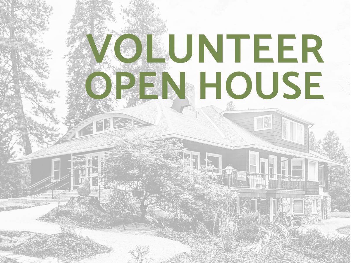 A graphic with a black and white photo of WRI's River Haus and event information for the Volunteer Open House and Youth Training event.