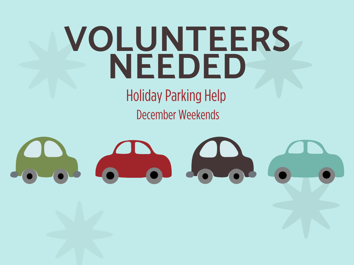 A picture of a graphic with illustrated cars asking for volunteers for holiday parking.