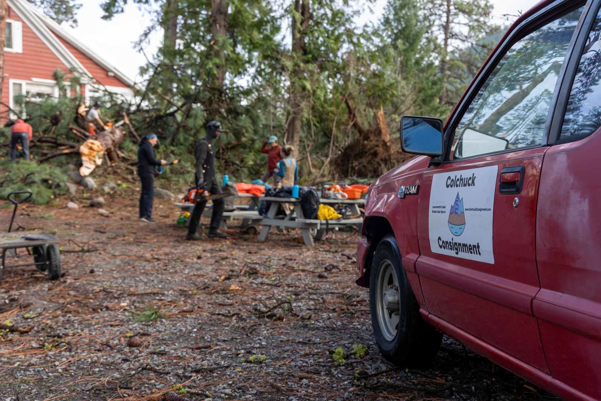 A picture of Brian's truck from Colchuck Consignment at the WRI campus helping cut downed trees.