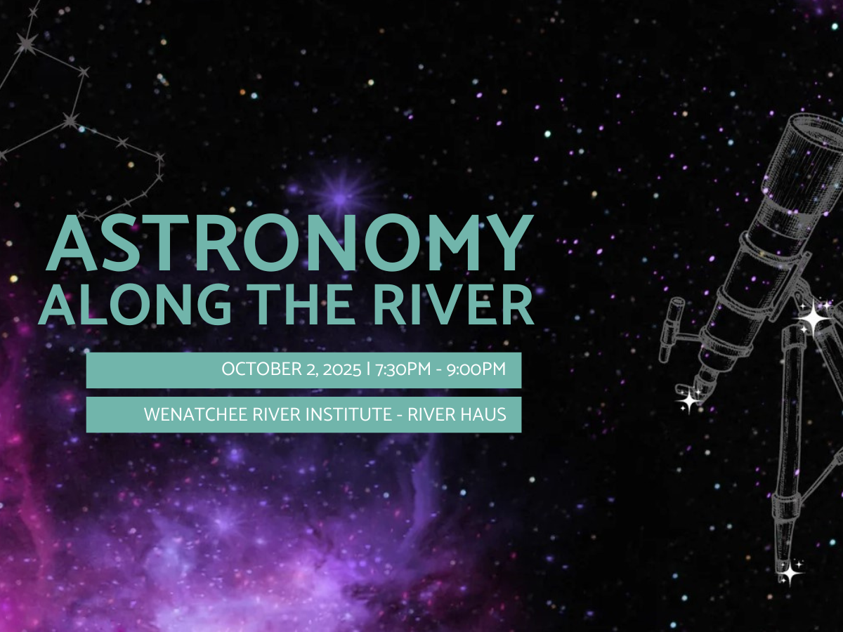 A graphic with blue and black night sky with a telescope. With text overlay for WRI Astronomy along the River event.