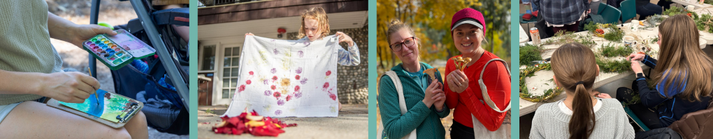 A photo compilation of attendees in several WRI programs like painting, mushroom foraging, and wreath making.