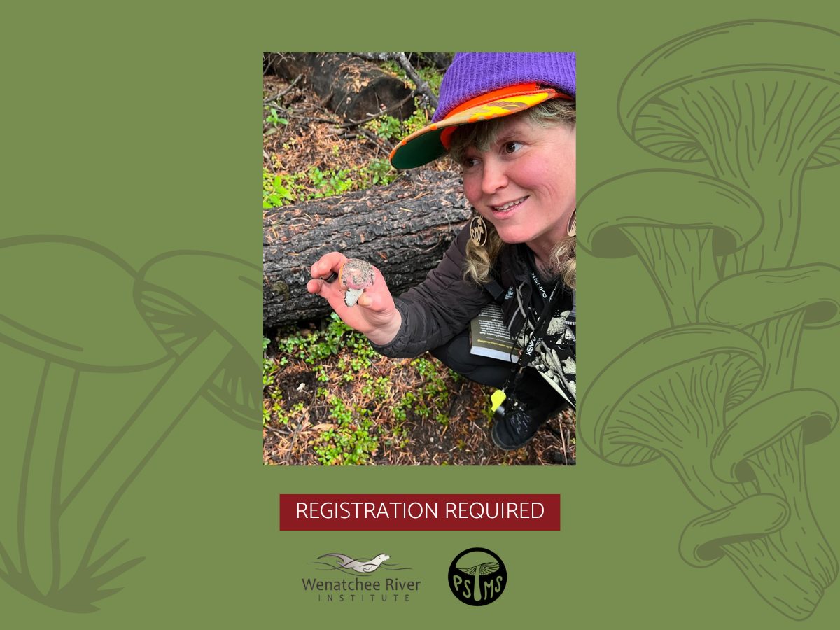 A graphic including a photo of Tiffa, WRI's Land Steward, holding a mushroom. The graphic provides information about the Fall Fungi Field Trip.