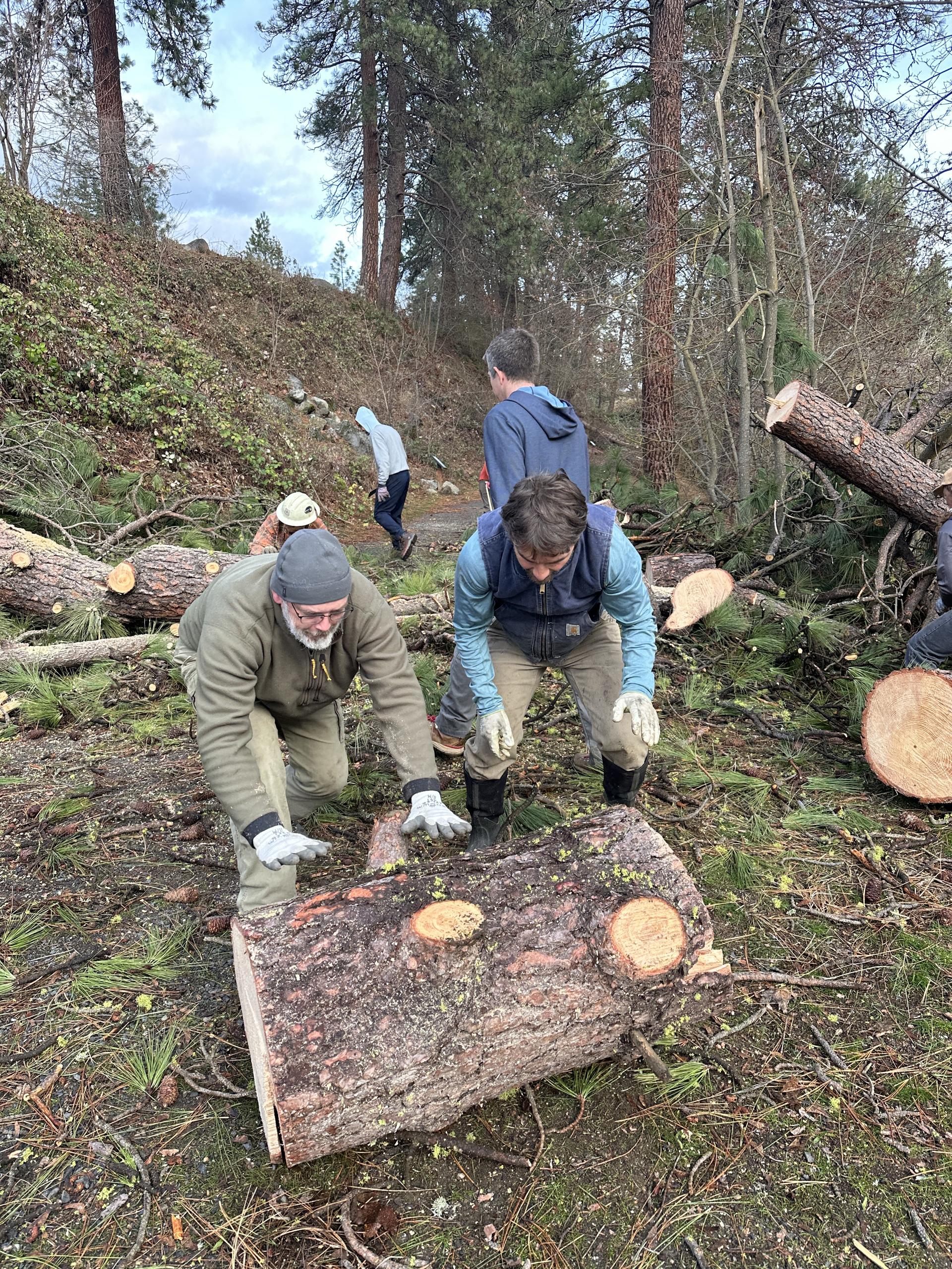 WRI Executive Director, Canuche, and WRI's Board President, Orin, clear a trimmed tree log.