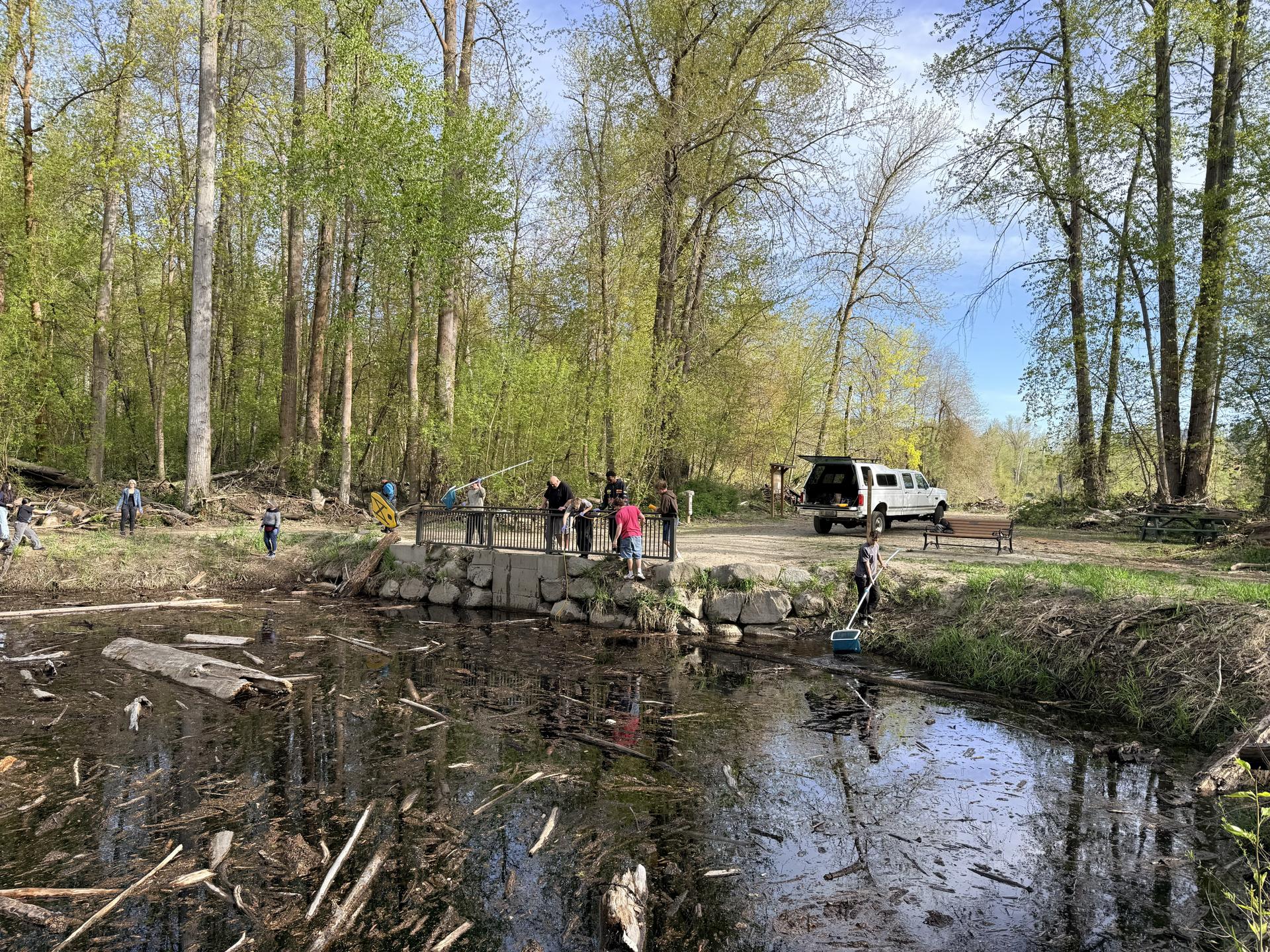 Cascade High School Seniors help clean up flood debris from the Blackbird Island Pond.