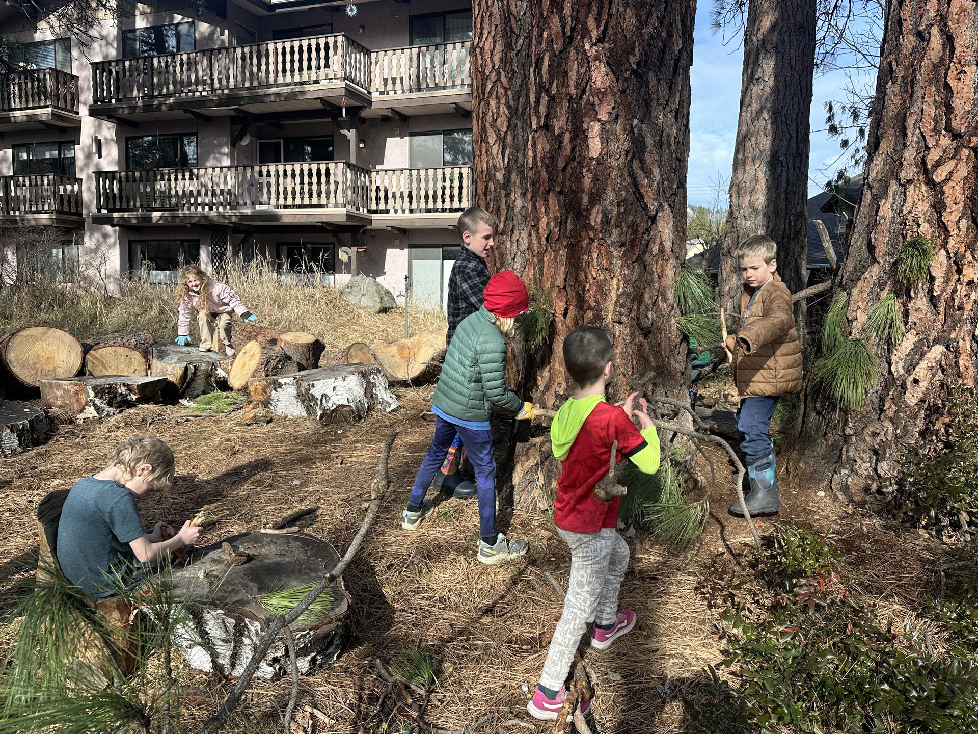Mid-Winter Break Camp participants cleaning up fallen branches as they learned about land stewardship.