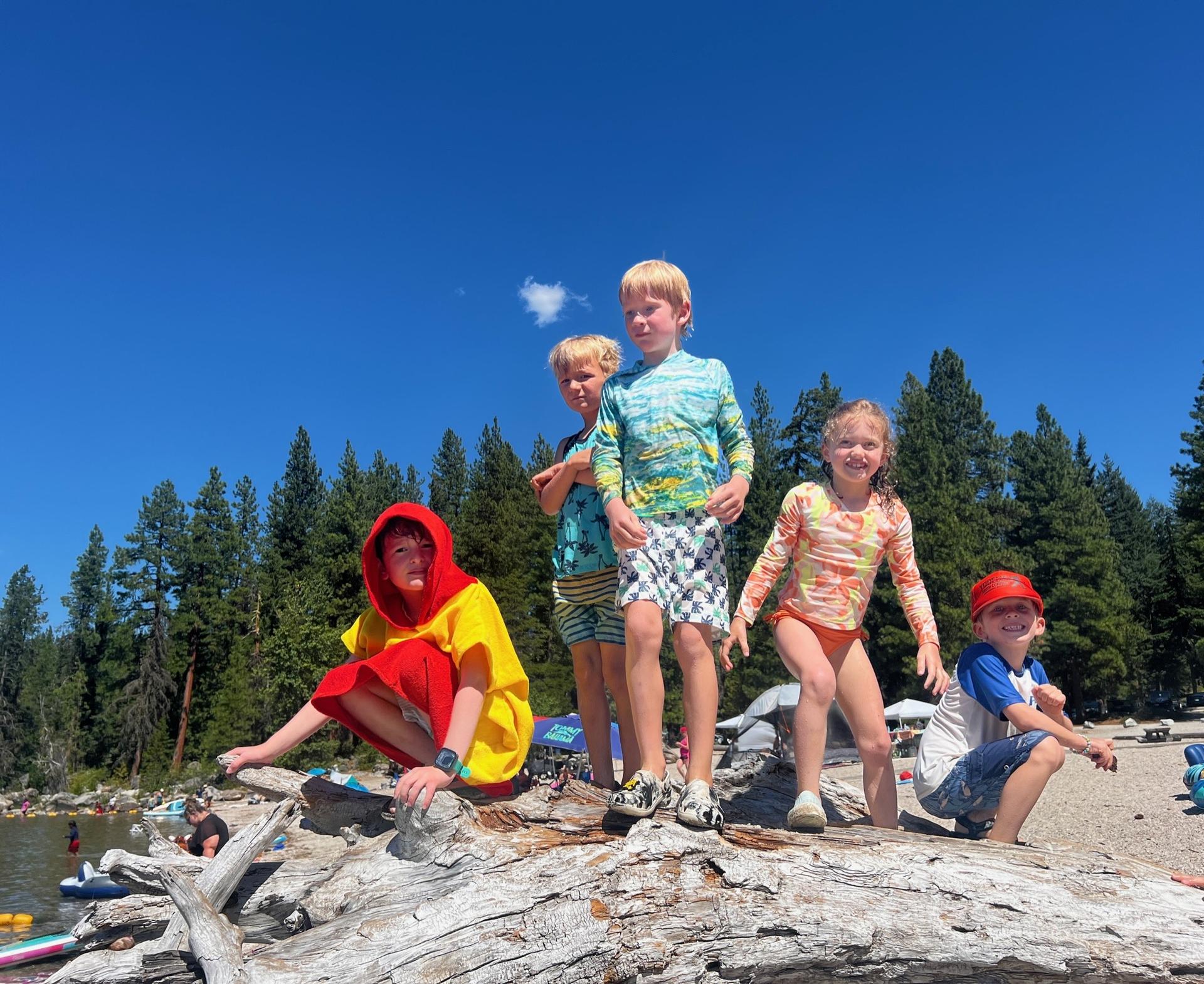 WRI 2025 Forest Friends Summer Camp kids standing on a tree log at Lake Wenatchee State Park.