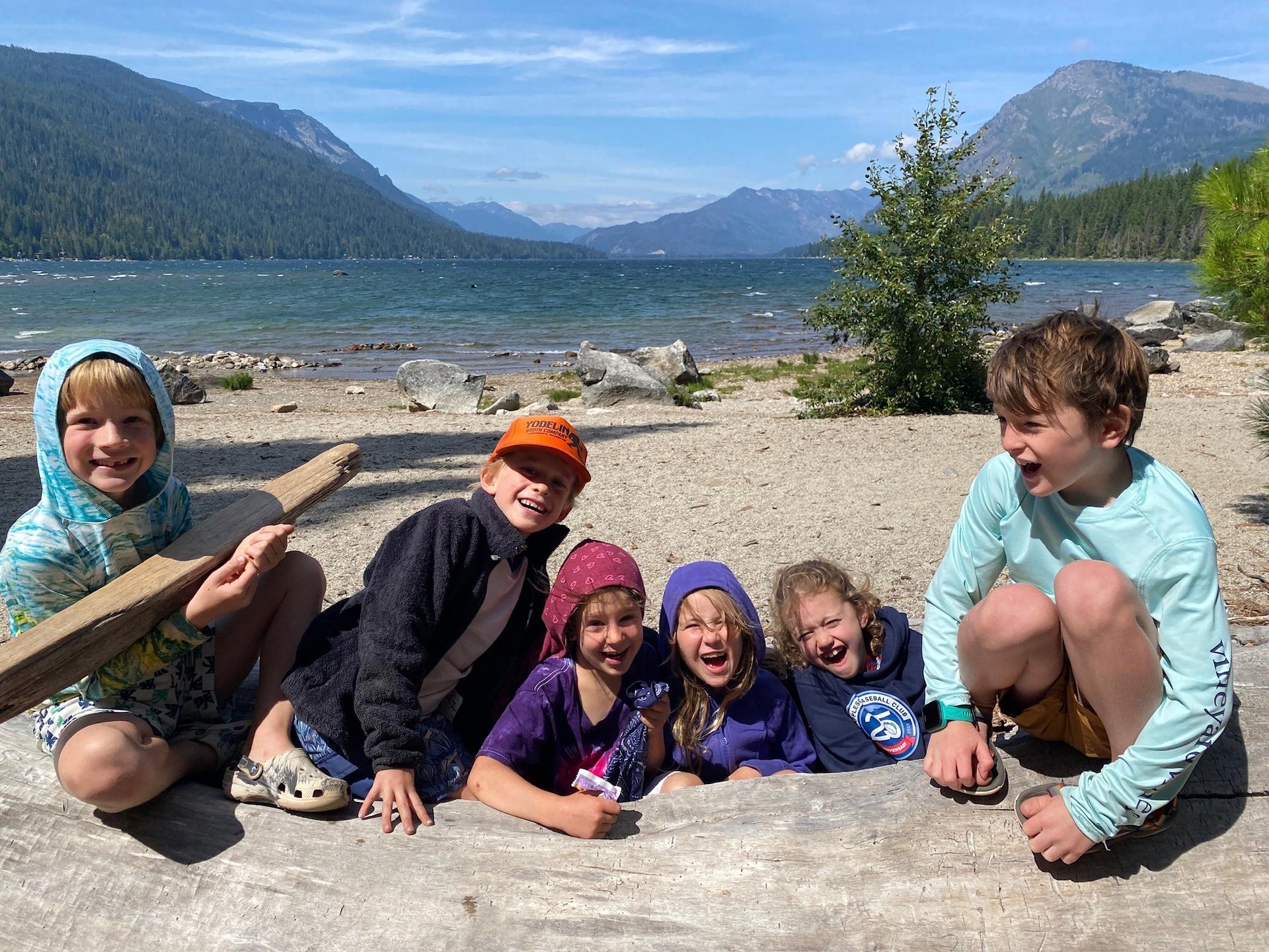 Girl and boy campers at Lake Wenatchee State Park for WRI's Forest Friends Camp (grades 1-3).