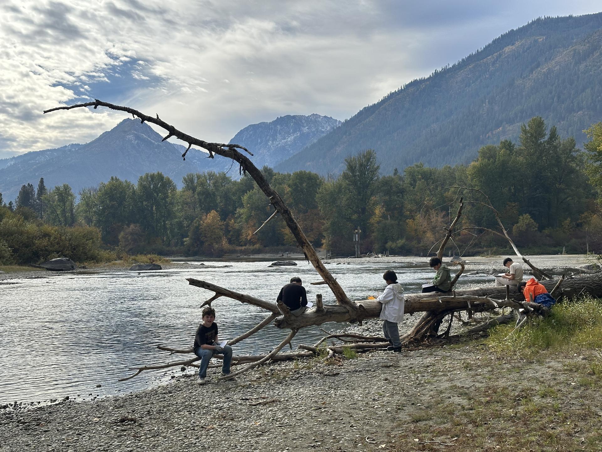 5th grade students sitting on a down log by the Wenatchee River with the mountains in the background.