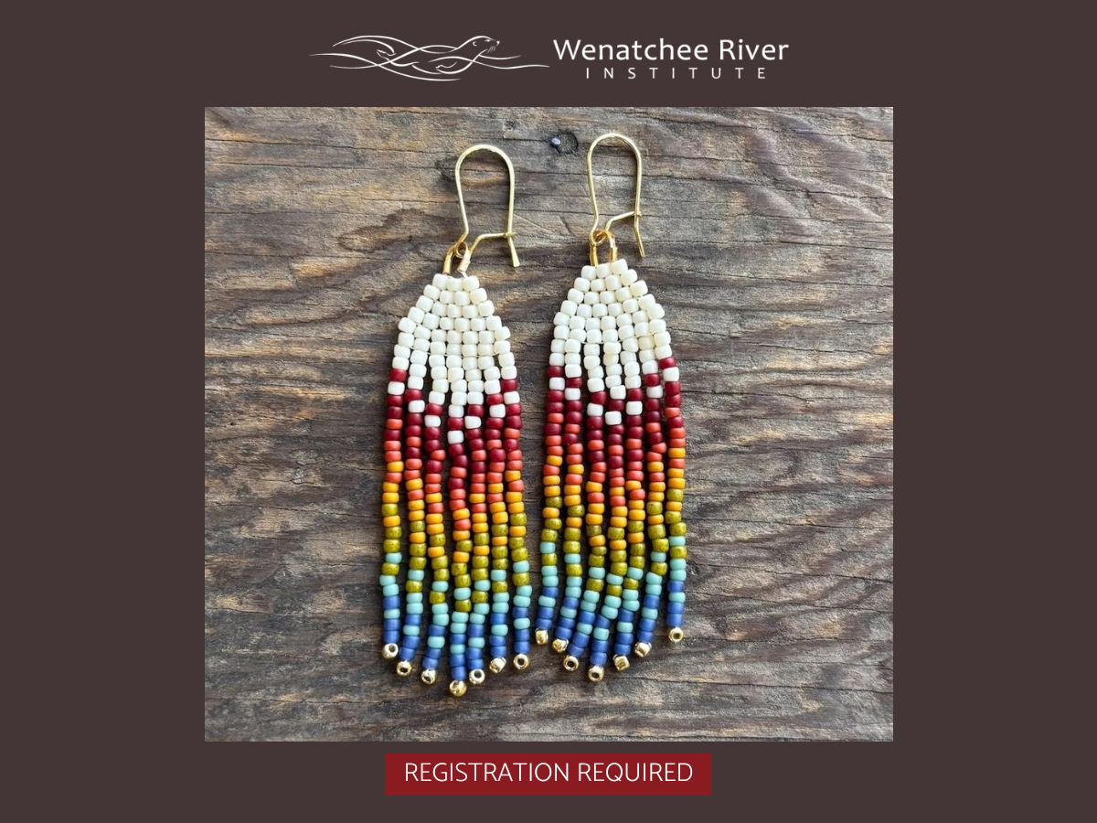 Graphic for Mini Fringe Beaded Workshop showing a pair of beaded earrings and information about the event.