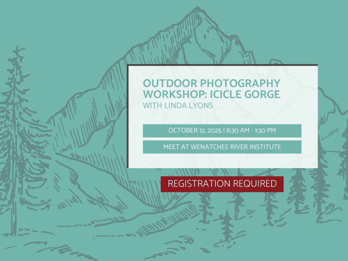 Graphic for Outdoor Photography Workshop: Icicle Gorge with a mountain and trees illustrated.