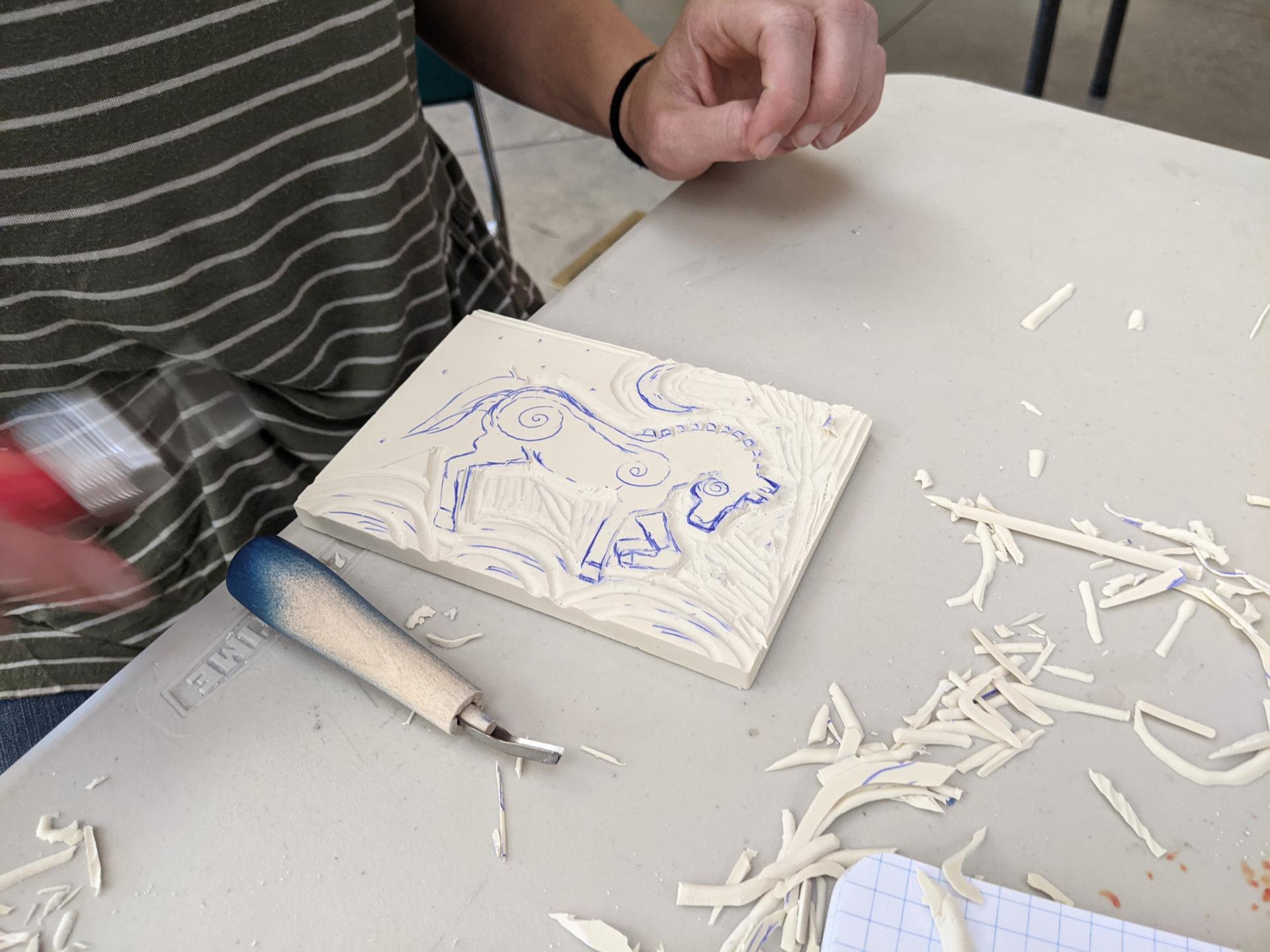 Picture from prior WRI Block Printing workshop in the Red Barn.
