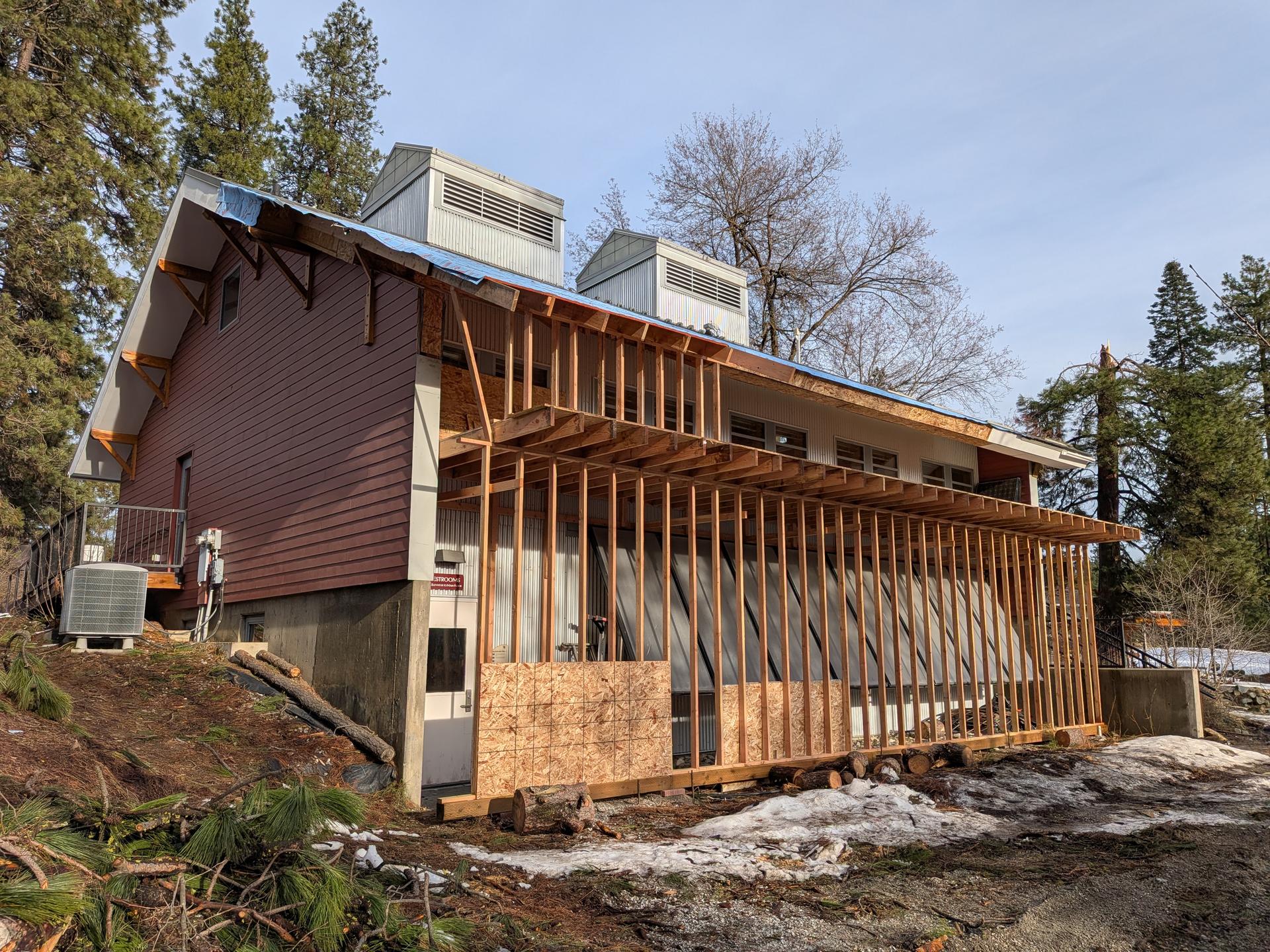 A picture of supports for the Red Barn holding the roof up.