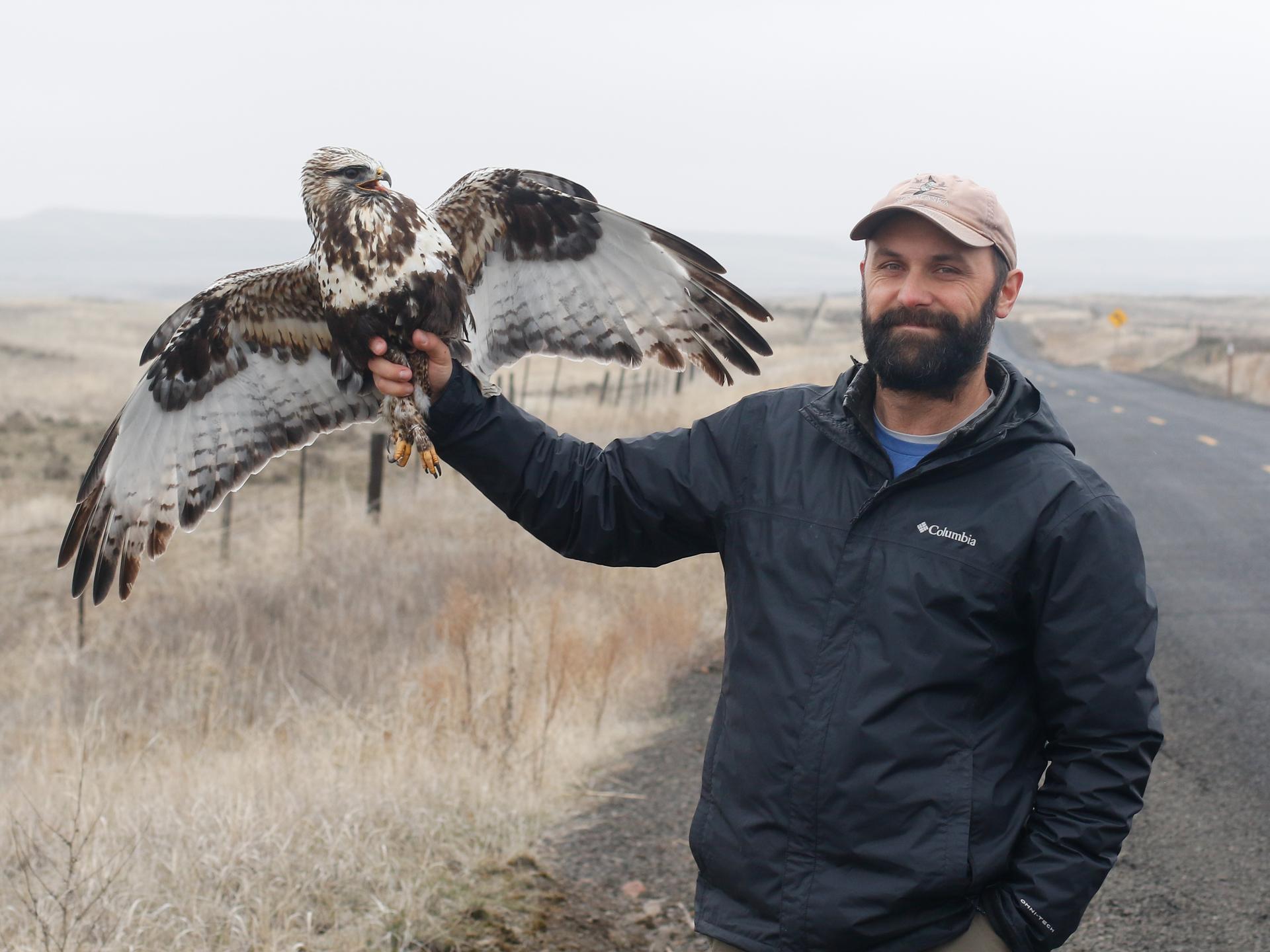 Neil Paprocki, PhD holding a hawk during his ecological research.