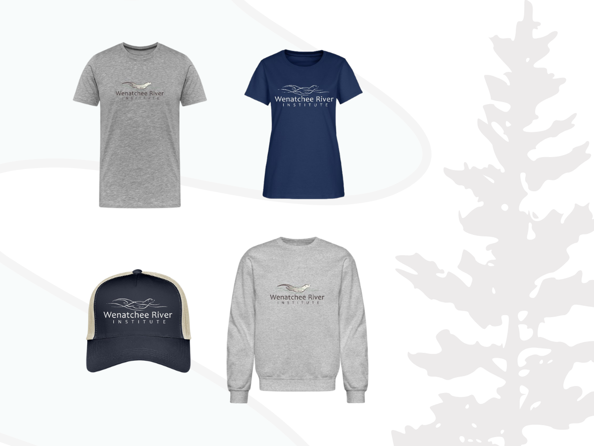 Graphic of WRI merchandise with shirts, crew sweatshirt, and a hat.