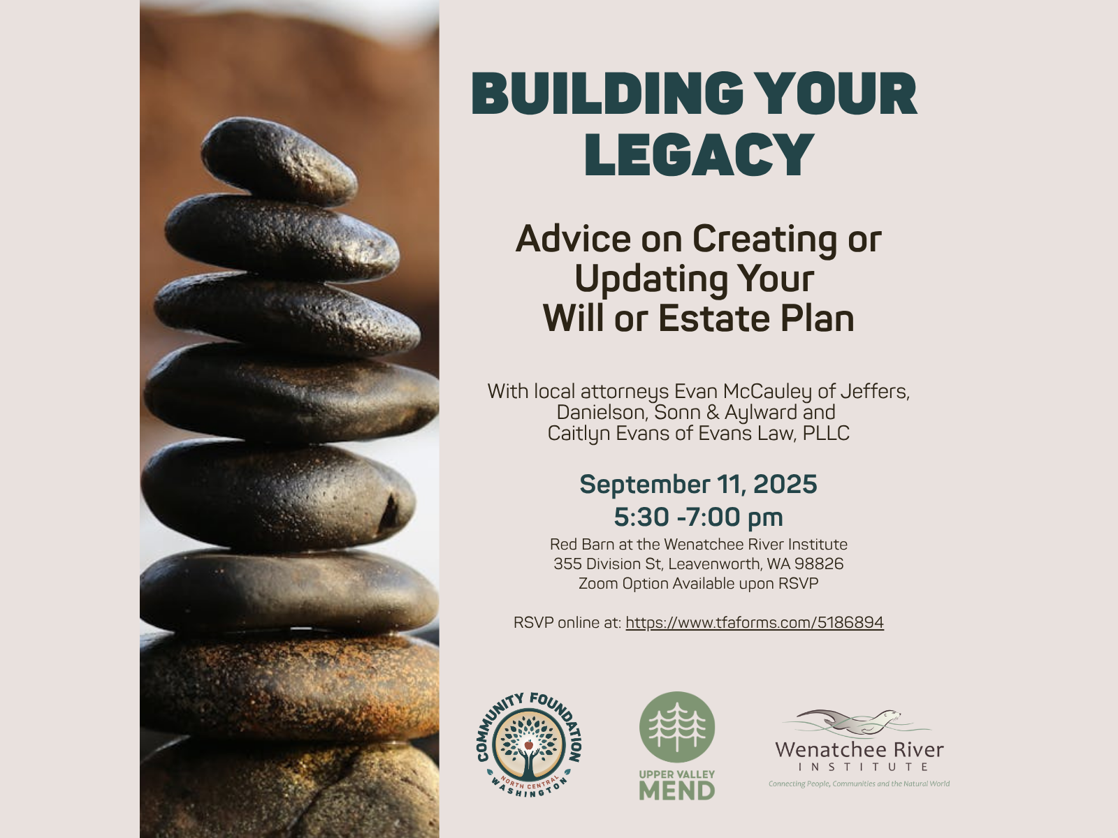 An event banner with stacked rocks promoting the Building Your Legacy event with event details and partner logos.