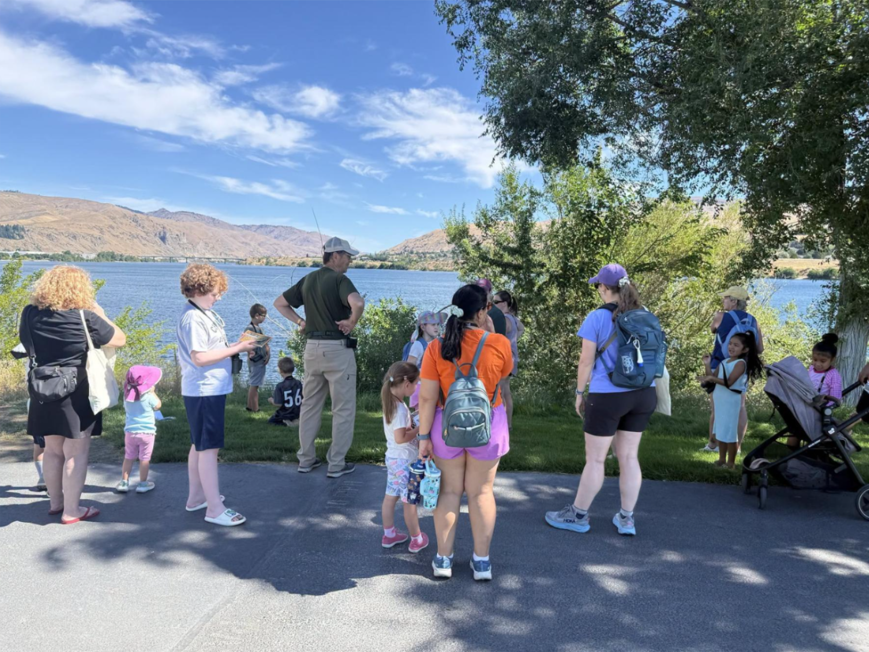 Group of birders at the Wenatchee Public Library and WRI Bird Walk along the Columbia River in July 2026.