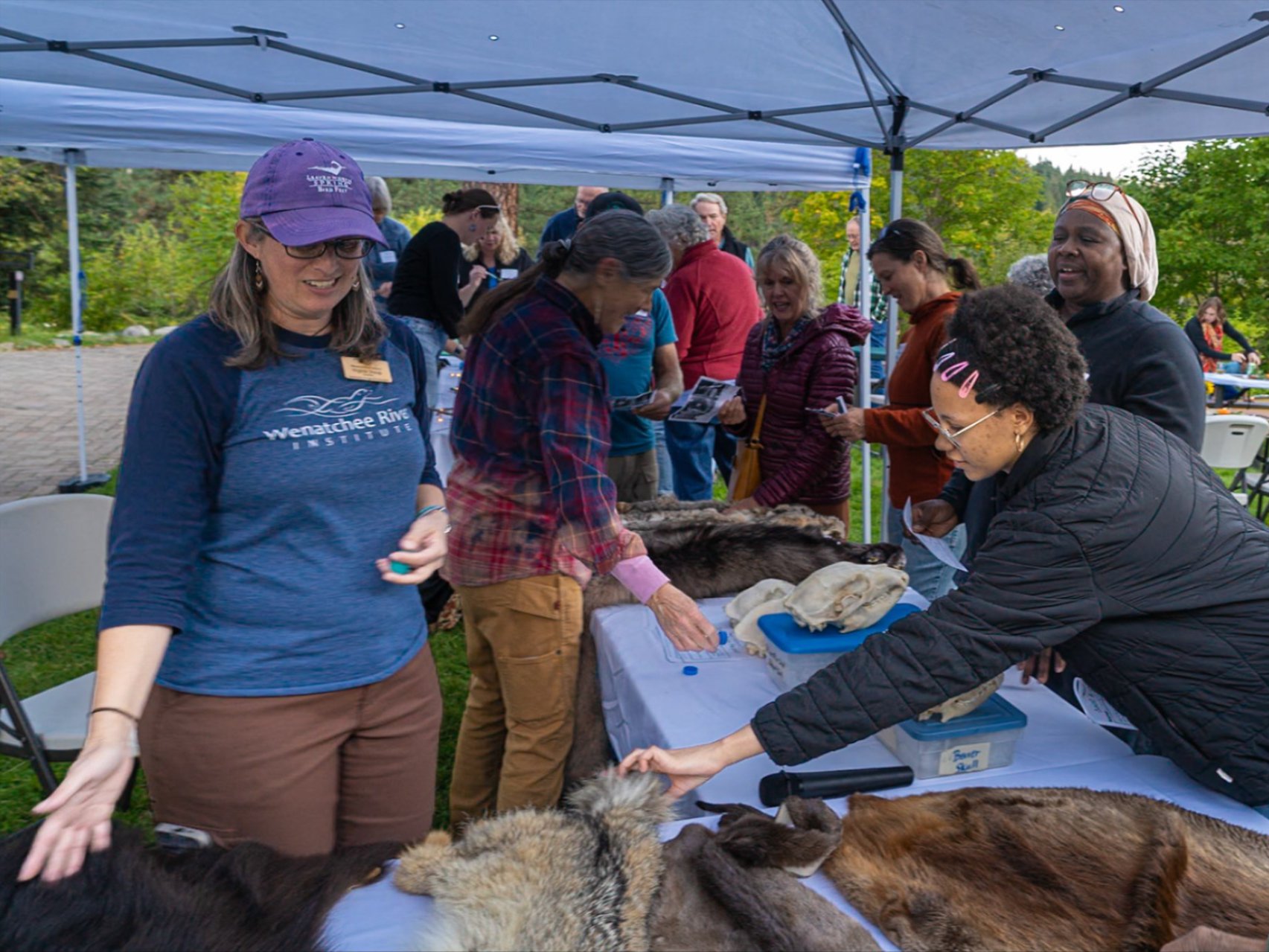 Photo by Dave Masuda at 2026 Sunset & S'mores. Participants interacting with the skins and skulls activity table.