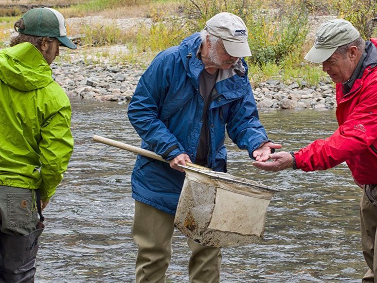 Three men during the Wenatchee Naturalist program standing in a river.