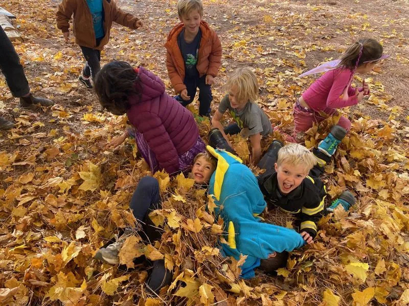 Image of kids playing in a fall leaves pile.