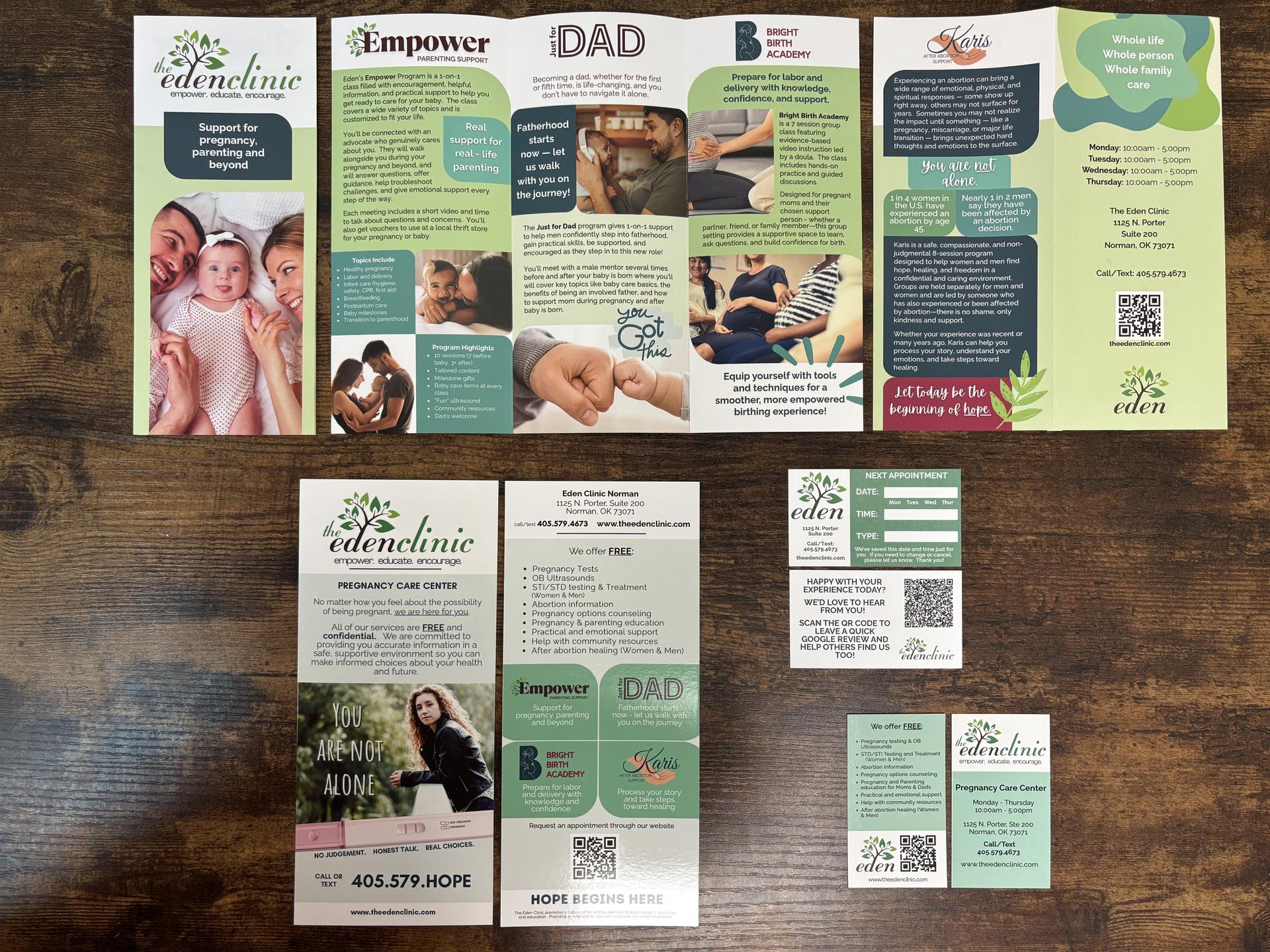 Updated Brochures, Rack Cards, Business Cards, and Appointment Cards